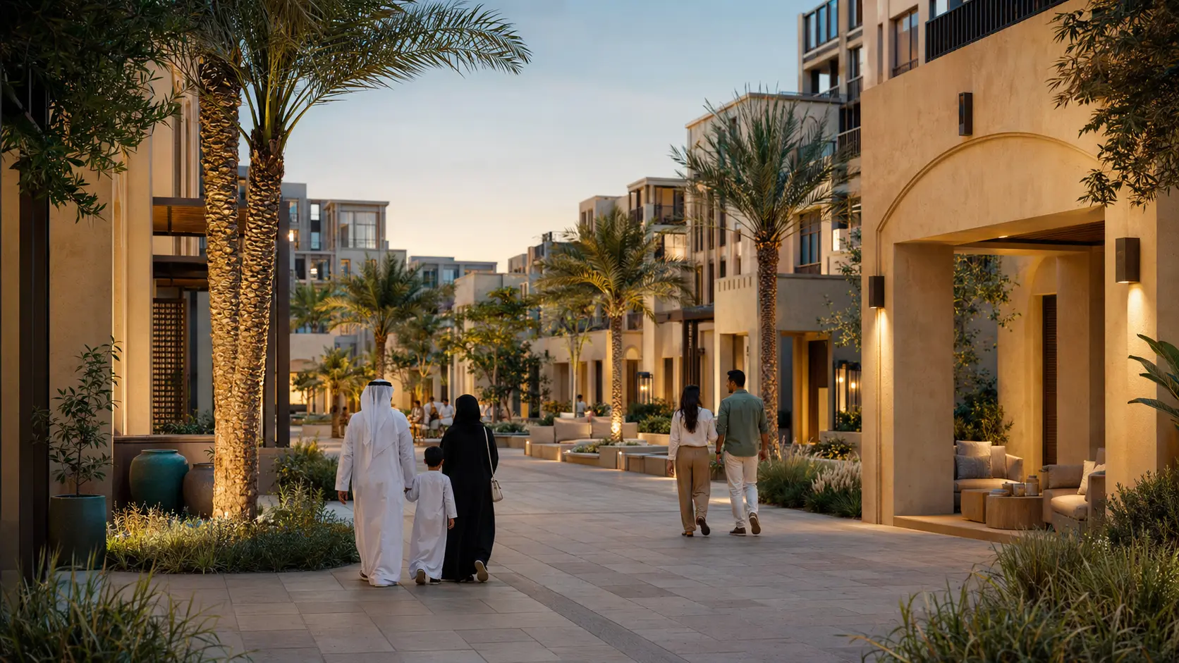 Respectfully portrayed residents walking through a shaded Dubai-inspired residential courtyard