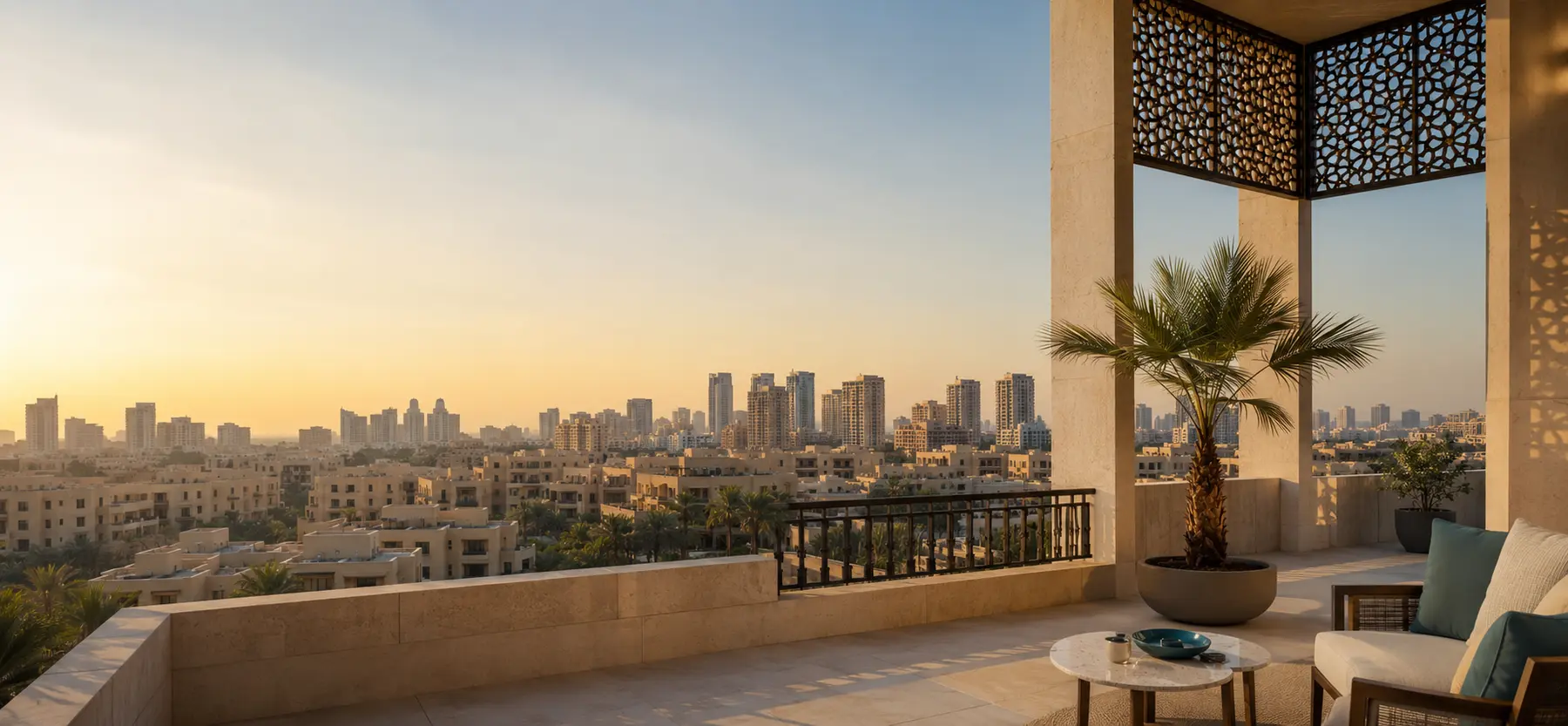 Illustrative Dubai-inspired residential terrace at golden hour