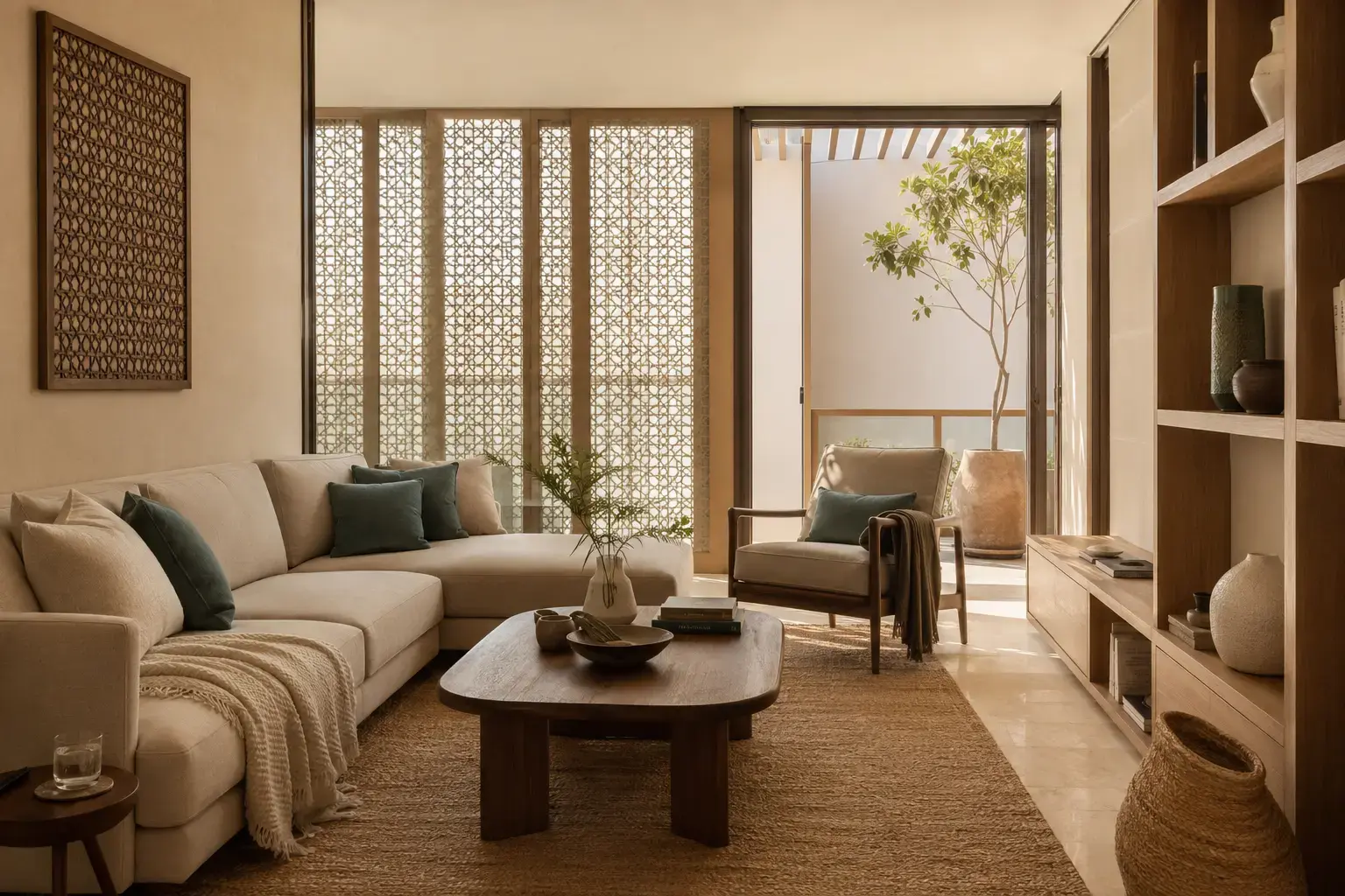 Warm contemporary Dubai-inspired apartment interior with shaded geometric screens